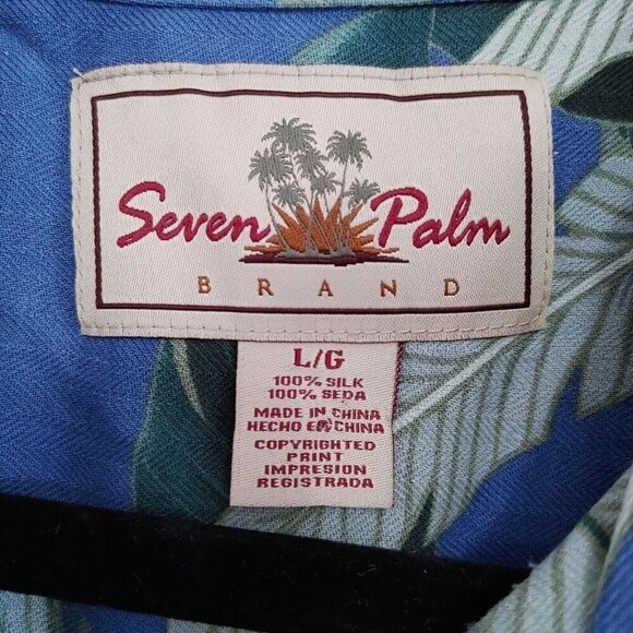 Seven Palm Brand Silk Hawaiian Shirt Men's Large Blue Short Sleeve Button Up - Picture 2 of 3